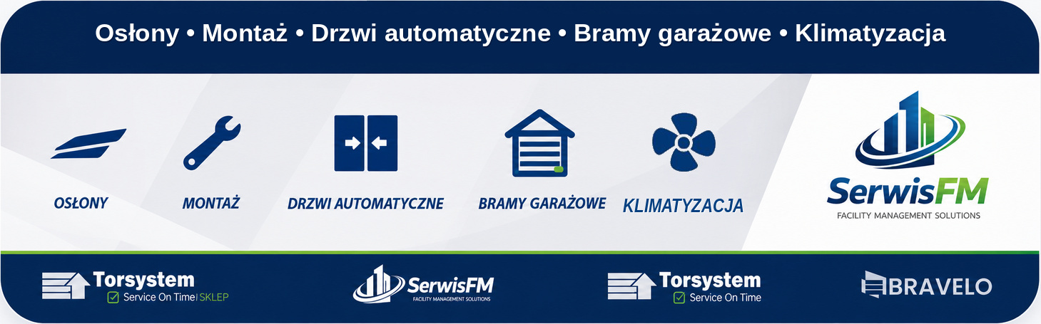 Baner działów i marek SerwisFM: Osłony, Montaż, Drzwi automatyczne, Bramy garażowe i Klimatyzacja